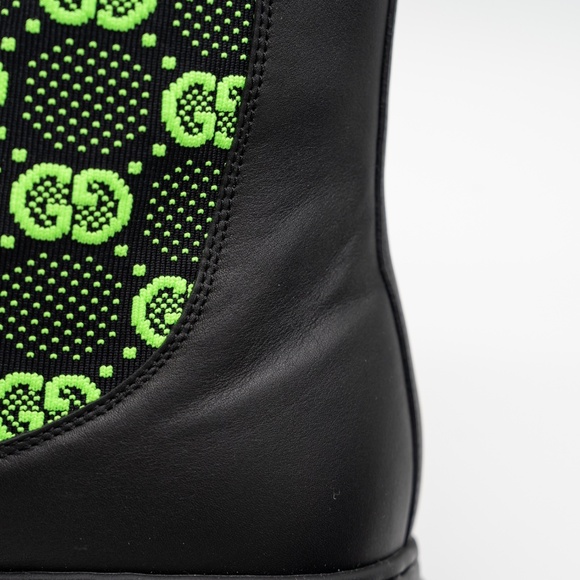 size 13G 13.5 us Gucci Chelsea GG Black Leather Pull On Boots Green - Picture 9 of 13